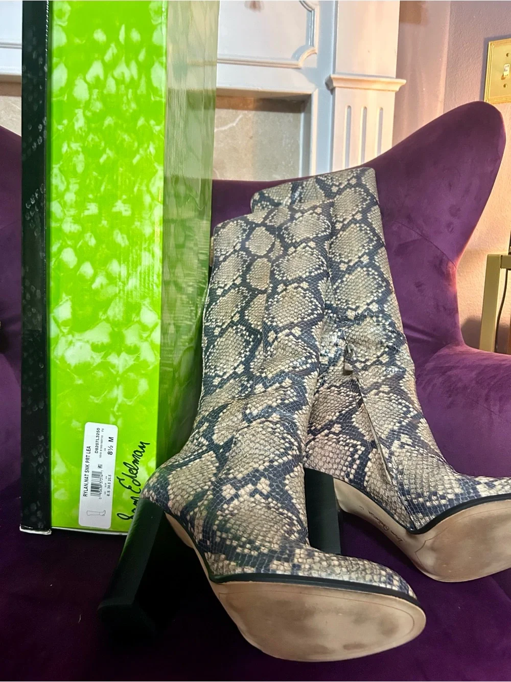 Snake-Print Knee High Boots in Beige and Black - Sam Edelman